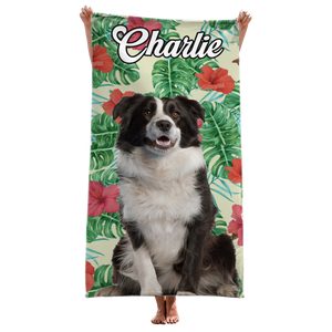 Custom Photo Tropical State Of Happiness - Dog & Cat Personalized Custom Beach Towel - Summer Vacation Gift, Gift For Family Members, Pet Owners, Pet Lovers