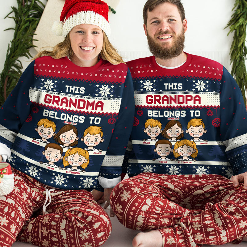 This Grandma Belongs To - Personalized Custom Unisex Ugly Christmas Sweatshirt, Wool Sweatshirt, All-Over-Print Sweatshirt -  Gift For Grandma, Grandparents, Christmas Gift