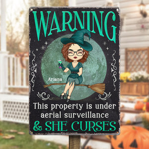 Warning This Property Is Under Aerial Surveillance - Personalized Custom Home Decor Witch Metal Sign - Halloween Gift For Witches, Yourself