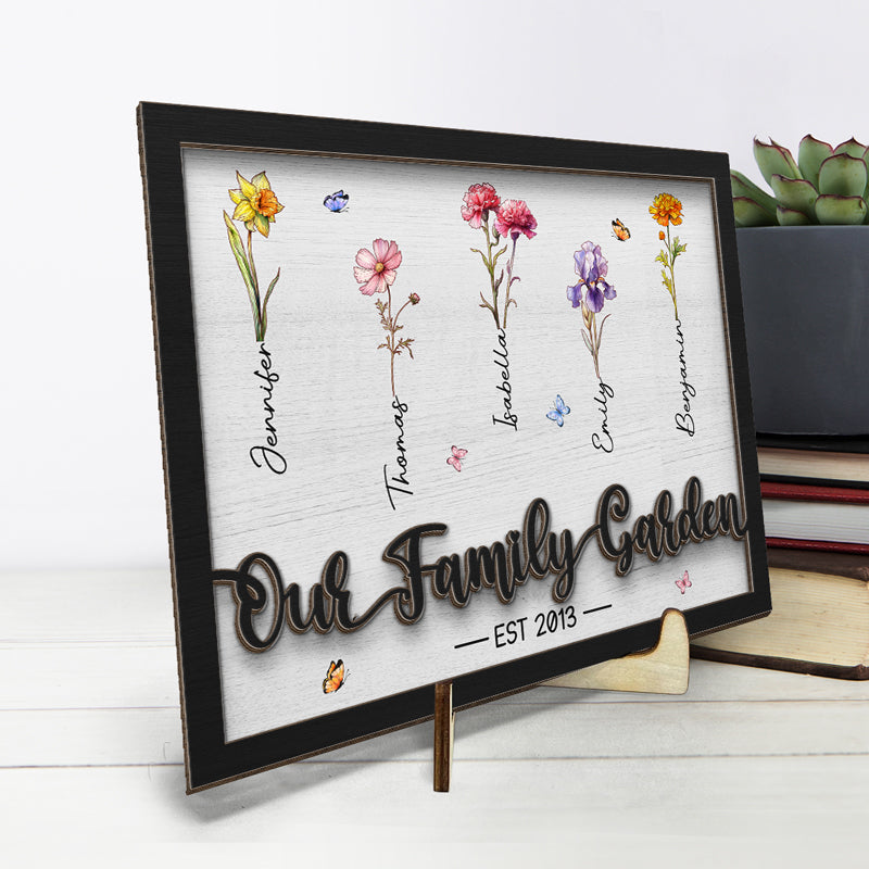 Our Family Garden - Family Personalized Custom 2-Layered Wooden Plaque With Stand - House Warming Gift For Family Members