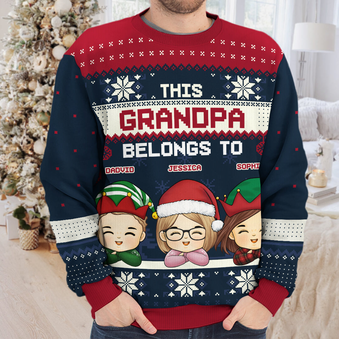 This Grandma Belongs To These Kids - Family Personalized Custom Ugly Sweatshirt - Unisex Wool Jumper - Christmas Gift For Grandma, Grandpa