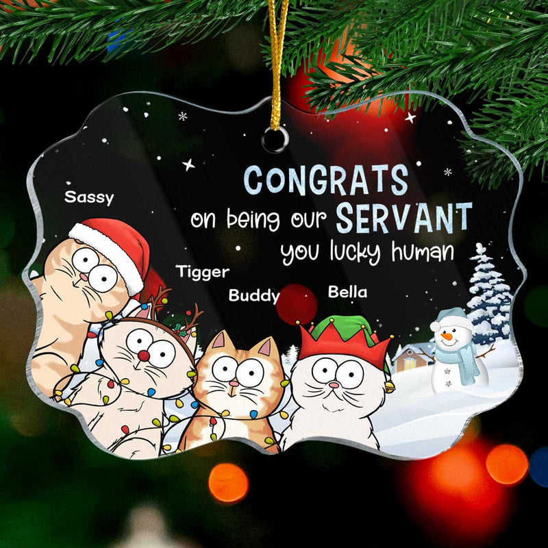 Congrats On Being My Servant - Cat Personalized Custom Ornament - Acrylic Benelux Shaped - Christmas Gift For Pet Owners, Pet Lovers