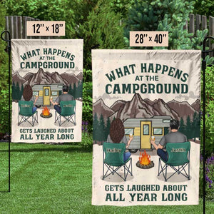 What Happens At The Campground, Gets Laughed About All Year Long - Gift For Camping Couples, Personalized Flag.