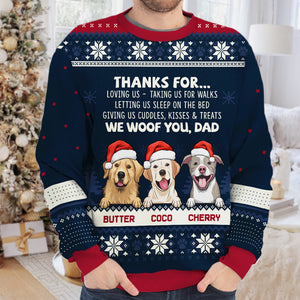 Thanks For Loving Us, We Woof You - Personalized Custom Unisex Ugly Christmas Sweatshirt, Wool Sweatshirt, All-Over-Print Sweatshirt - Gift For Dog Lovers, Pet Lovers, Christmas Gift