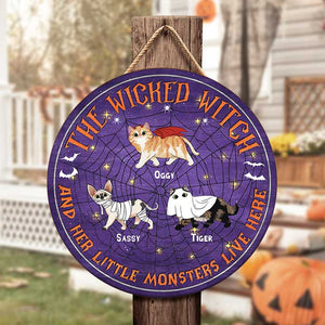 The Wicked Witch And Little Monsters Live Here - Funny Personalized Cat Door Sign, Halloween Ideas..