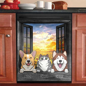 Dogs And Cats By The Windows In The Kitchen - Personalized Dishwasher Cover.