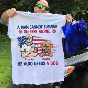 Man Cannot Survive On Beer Alone - Gift For 4th Of July - Personalized Unisex T-Shirt.