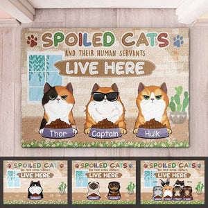 Spoiled Cats And Their Human Servants Live Here - Funny Personalized Decorative Mat.