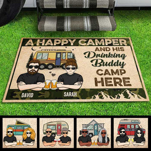 A Happy Camper And His Drinking Buddy Camp Here - Gift For Camping Couples, Personalized Decorative Mat.