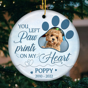 You Left Paw Prints On Our Hearts - Personalized Custom Benelux Shaped Ceramic Photo Christmas Ornament - Upload Image, Memorial Gift, Sympathy Gift, Christmas Gift