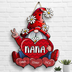 Gnomes With Hearts - Gift For Mom, Grandma - Personalized Shaped Wood Sign.