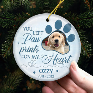 You Left Paw Prints On Our Hearts - Personalized Custom Benelux Shaped Ceramic Photo Christmas Ornament - Upload Image, Memorial Gift, Sympathy Gift, Christmas Gift