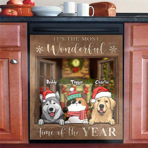 Pets By The Window In The Winter Snow - Personalized Dishwasher Cover.