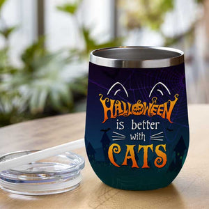Life Is Better With Cats Halloween - Personalized Wine Tumbler.