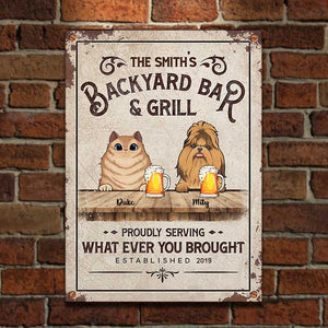 Backyard Bar & Grill With Cats And Dogs - Personalized Metal Sign.