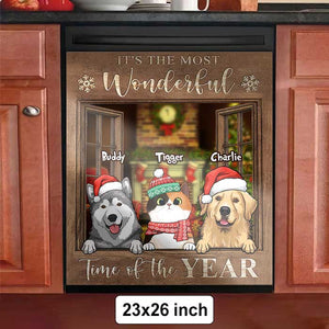 Pets By The Window In The Winter Snow - Personalized Dishwasher Cover.