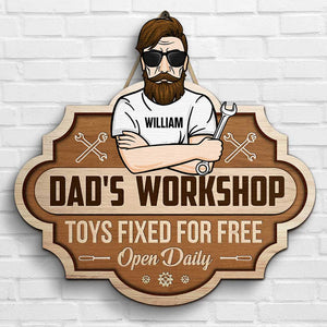 Dad's Workshop, Toys Fixed For Free - Gift For Dad, Grandpa - Personalized Shaped Wood Sign