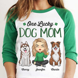 One Lucky Dog Mom, Girl Sitting - Personalized St. Patrick's Day Unisex Raglan Shirt.