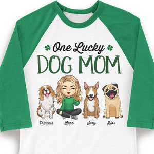 One Lucky Dog Mom, Girl Sitting - Personalized St. Patrick's Day Unisex Raglan Shirt.
