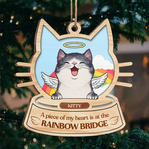 A Piece Of My Heart Is At The Rainbow Bridge - Personalized Custom Cat Face Shaped Wood Christmas Ornament - Upload Image, Memorial Gift, Sympathy Gift, Christmas Gift