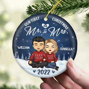 Our First Christmas As Mr & Mrs - Personalized Custom Round Shaped Ceramic Christmas Ornament - Gift For Couple, Husband Wife, Anniversary, Engagement, Wedding, Marriage Gift, Christmas Gift