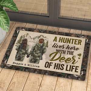 A Hunter Lives Here With The Deer Of His Life - Gift For Hunting Couples, Personalized Decorative Mat.
