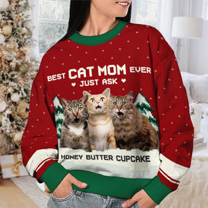 Best Cat Mom Ever, Just Ask - Personalized Custom Unisex Ugly Christmas Sweatshirt, Wool Sweatshirt, All-Over-Print Sweatshirt - Upload Image, Gift For Pet Lovers, Christmas Gift