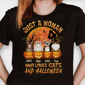 Just A Woman Who Loves Cats and Halloween  - Personalized Unisex T-Shirt.