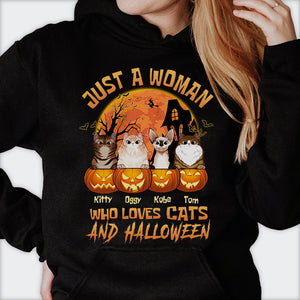 Just A Woman Who Loves Cats and Halloween  - Personalized Unisex T-Shirt.
