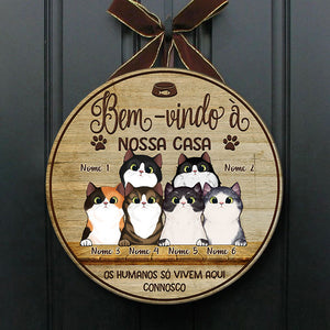 Bem-vindo À Minha Casa - Sinal De Porta De Gato Personalizado E Engraçado, Funny Personalized Cat Door Sign Portuguese.