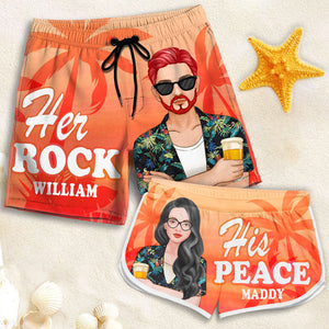 Her Rock His Peace - Personalized Couple Beach Shorts - Gift For Couples, Husband Wife