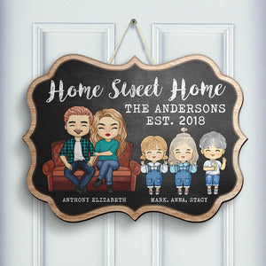 Home Sweet Home Parents & Kids Chalk Board Style - Gift For Couples, Husband Wife, Personalized Shaped Wood Sign