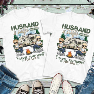 Husband & Wife, Travel Partners For Life - Personalized Matching Couple T-Shirt - Gift For Couple, Husband Wife, Anniversary, Engagement, Wedding, Marriage, Camping Gift