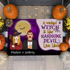 A Wicked Witch And Her Handsome Devil Live Here - Gift For Couples, Personalized Decorative Mat, Halloween Ideas.