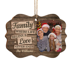 Family Where Love Never Ends - Personalized Custom Benelux Shaped Wood Photo Christmas Ornament - Upload Image, Gift For Family, Christmas Gift