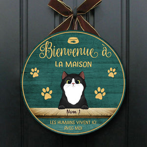 Bienvenue À La Maison - Plaque De Porte Humoristique De Chien À Personnaliser, Funny Personalized Cat Door Sign French.