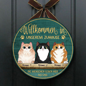 Willkommen In Meinem Zuhause - Lustiges Personalisiertes Katzentürschild, Funny Personalized Cat Door Sign German.