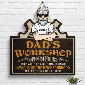 Dad's Workshop, Open 24 Hours - Gift For Dad, Grandpa - Personalized Shaped Wood Sign
