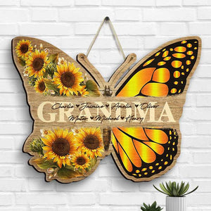 Grandma Butterfly And Kids - Gift For Grandma, Mom - Personalized Shaped Wood Sign.