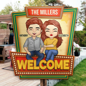 Welcome family name sign - Gift For Couples, Husband Wife, Personalized Shaped Wood Sign