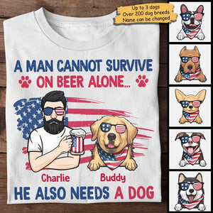 Man Cannot Survive On Beer Alone - Gift For 4th Of July - Personalized Unisex T-Shirt.