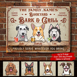Backyard Bark & Grill - Funny Personalized Dog Metal Sign.