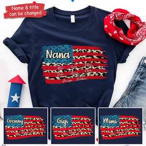 Patriotic Leopard USA Flag Mimi - Gift For 4th Of July - Personalized Unisex T-Shirt.