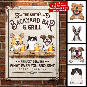 Backyard Bar & Grill With Cats And Dogs - Personalized Metal Sign.