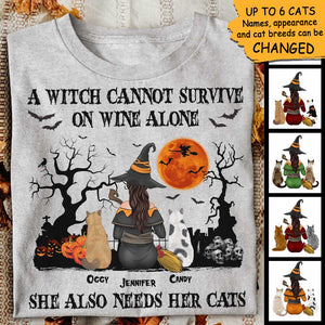 A Witch Cannot Survive On Wine Alone, She Also Needs A Cat  - Personalized Unisex T-Shirt, Halloween Ideas..