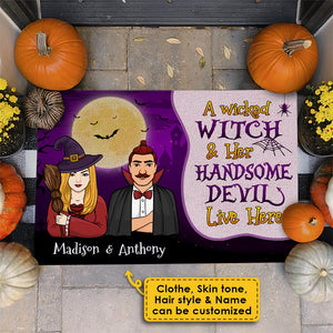 A Wicked Witch And Her Handsome Devil Live Here - Gift For Couples, Personalized Decorative Mat, Halloween Ideas..