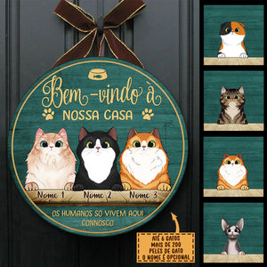 Bem-vindo À Minha Casa - Sinal De Porta De Gato Personalizado E Engraçado, Funny Personalized Cat Door Sign Portuguese.