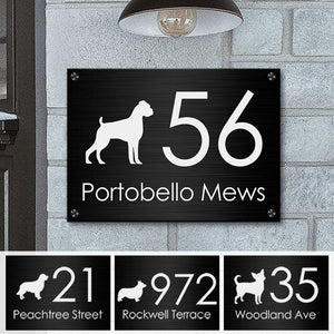 White Dog Silhouette Modern House Number - Personalized Metal Sign.