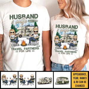 Husband & Wife, Travel Partners For Life - Personalized Matching Couple T-Shirt - Gift For Couple, Husband Wife, Anniversary, Engagement, Wedding, Marriage, Camping Gift