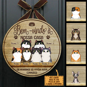 Bem-vindo À Minha Casa - Sinal De Porta De Gato Personalizado E Engraçado, Funny Personalized Cat Door Sign Portuguese.